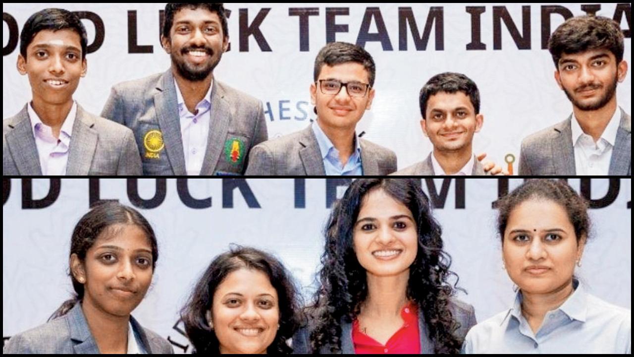 ચેસ ઑલિમ્પિયાડમાં બ્રૉન્ઝ મેડલ જીતનારી ભારતની મહિલા ટીમ (ડાબે) અને પુરુષોની ટીમ (જમણે)